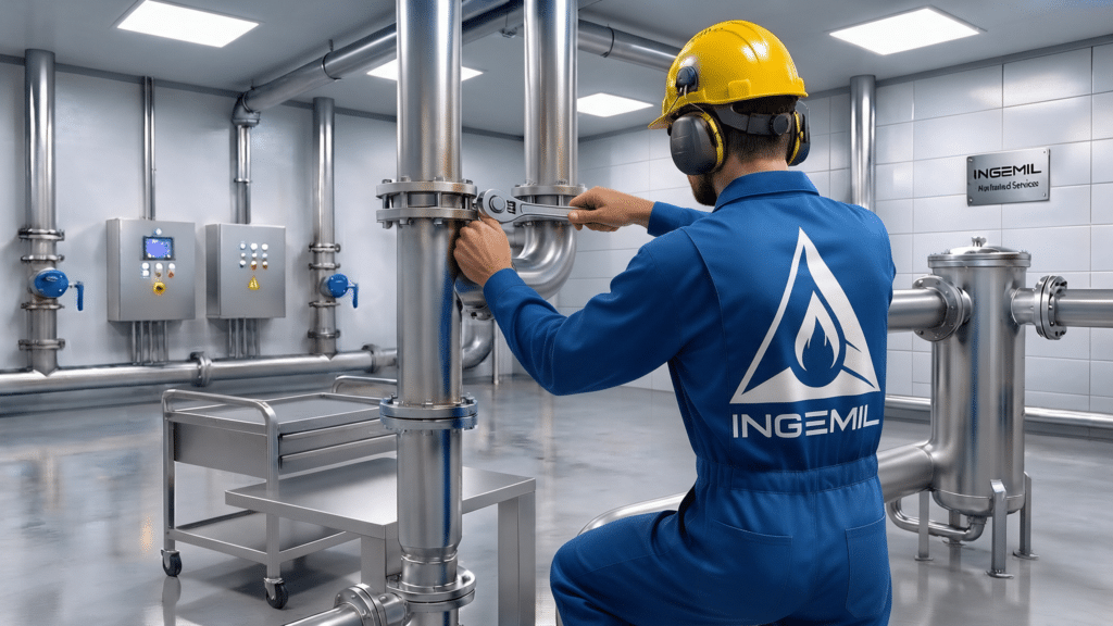 Técnico de INGEMIL con overol azul trabajando en tuberías de acero inoxidable en el Blog INGEMIL