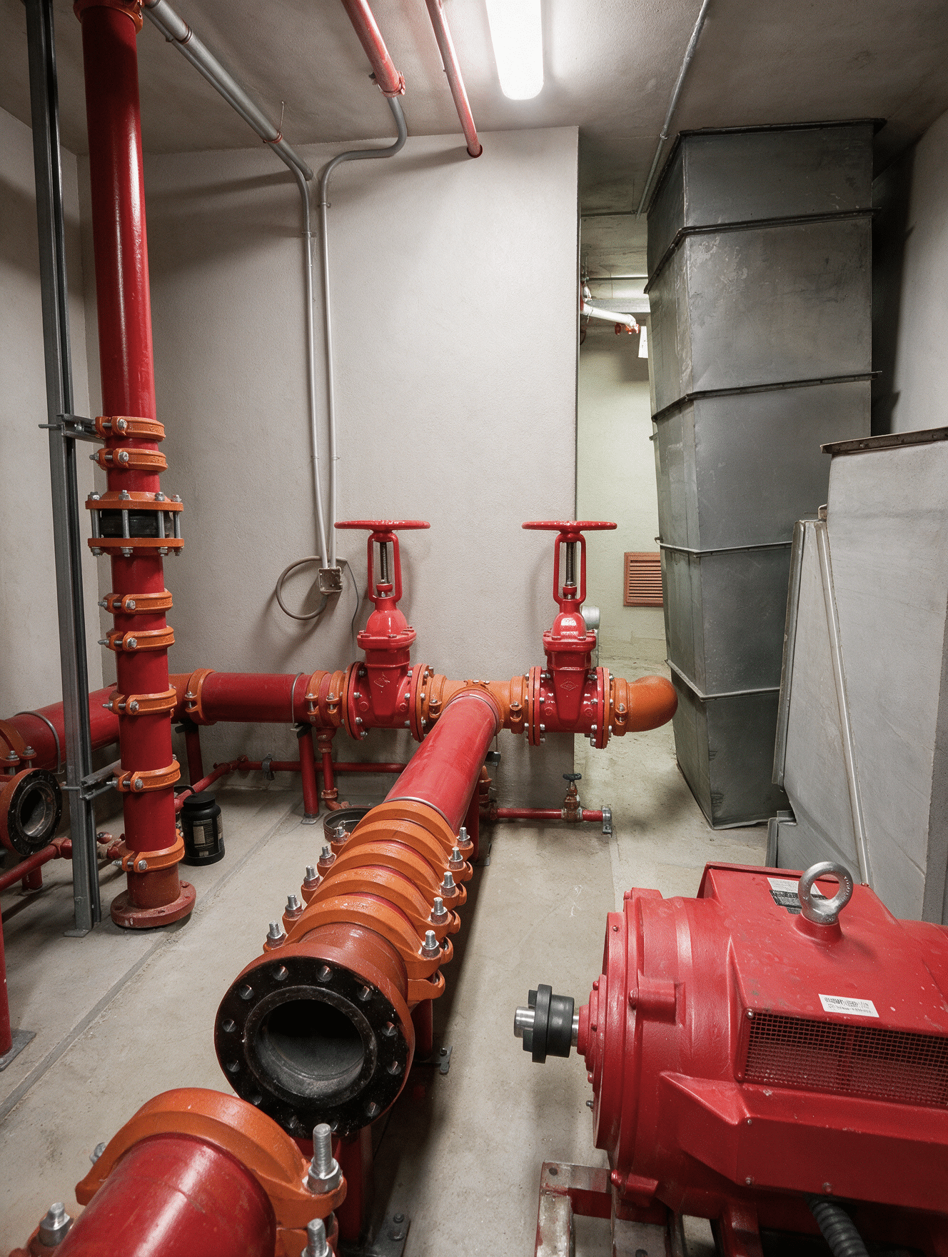 Tuberías rojas y bombas de un sistema contra incendio en un cuarto técnico