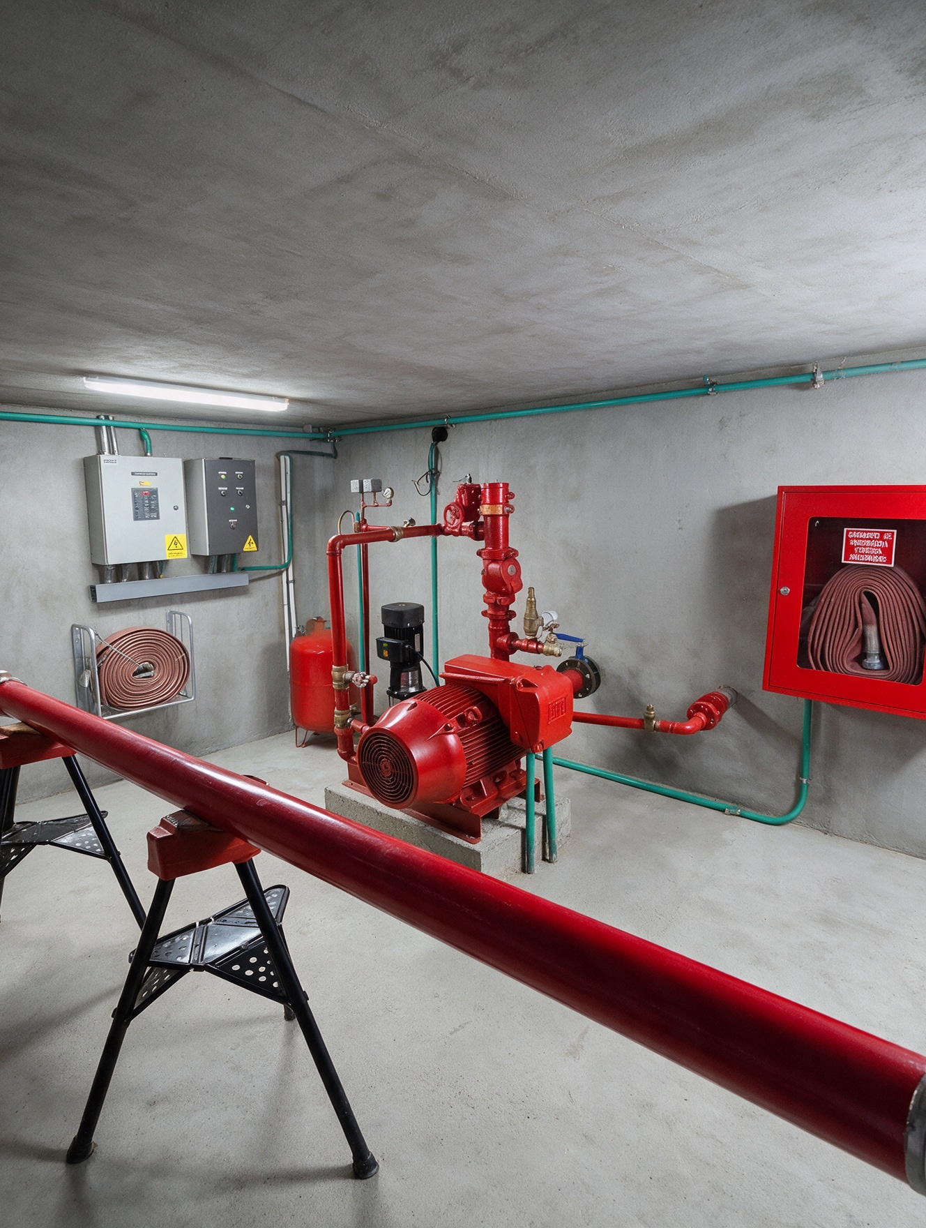 Sala de bombas con tubería roja y gabinete contra incendio