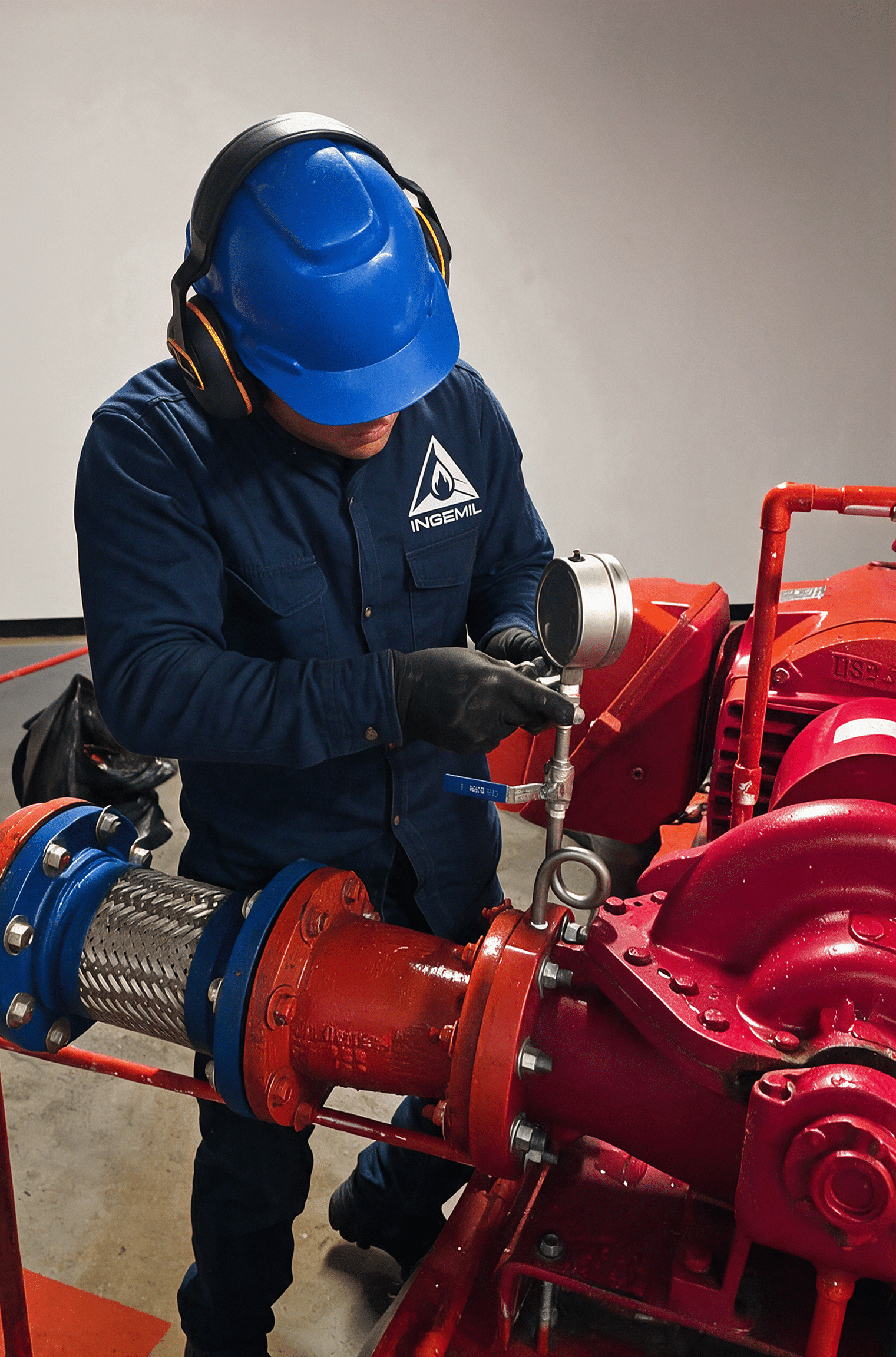 Técnico de INGEMIL con casco azul operando una bomba roja
